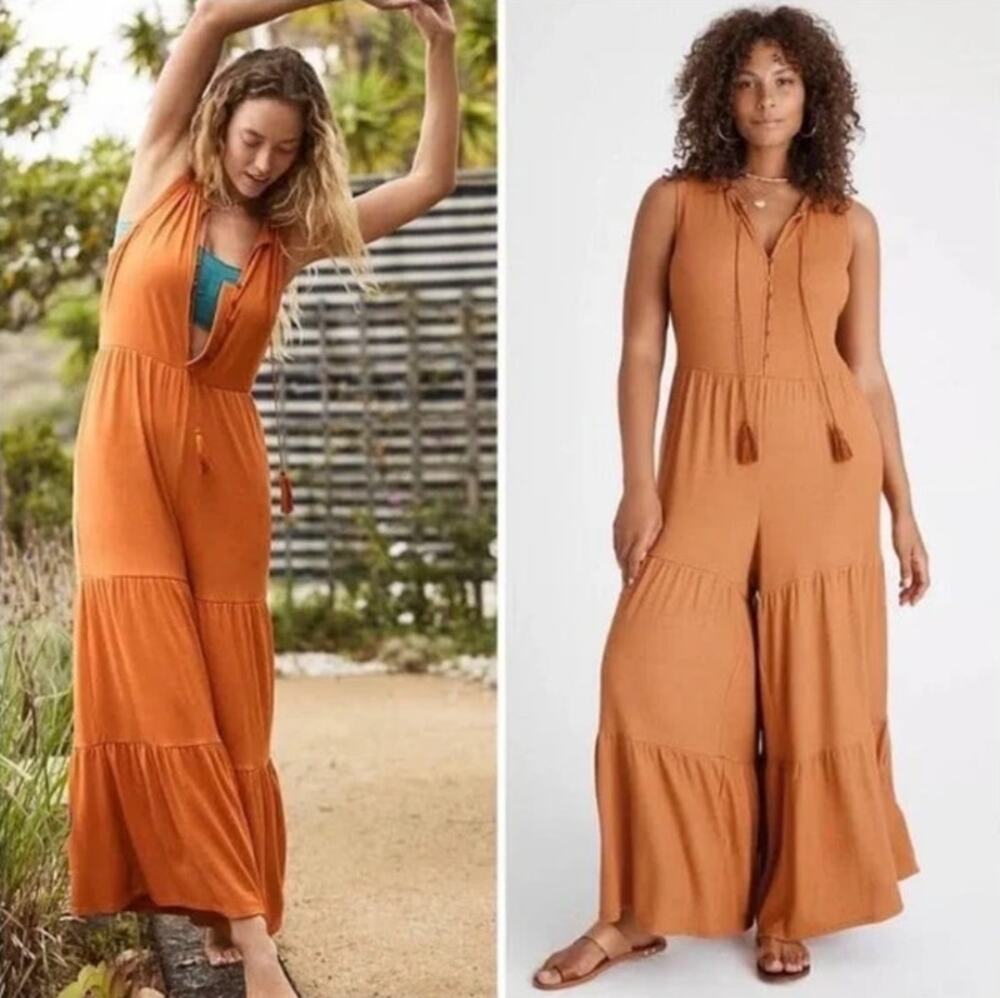 Anthropologie Saturday Sunday Marina Jumpsuit Tiered Wide Leg Burnt Orange XS